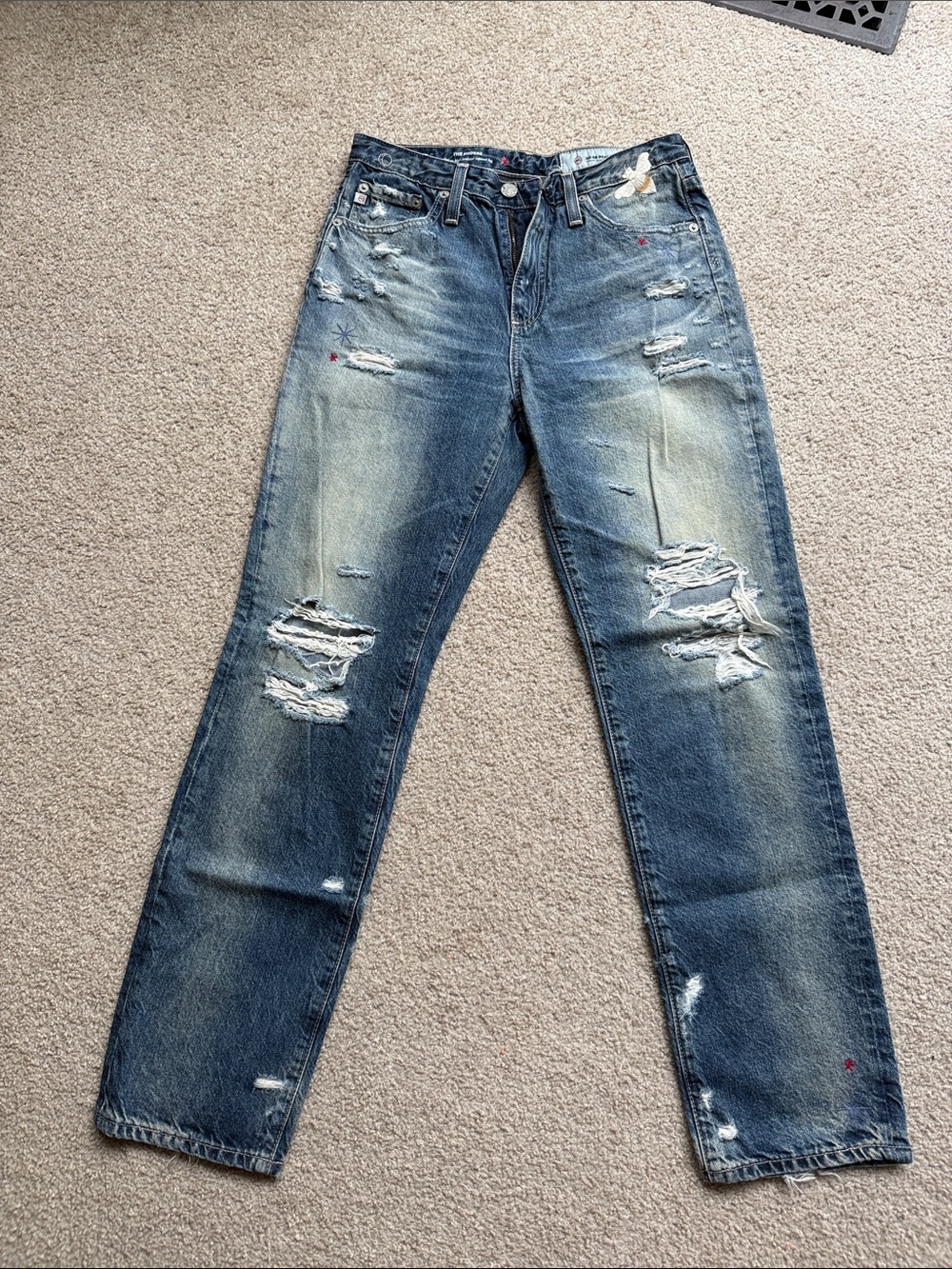 AG Adriano Goldschmied Distressed Light-Mid Blue Denim Jeans
